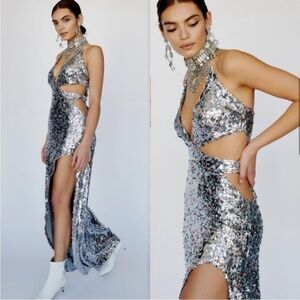 For Love & Lemons Showtime Sequin Maxi Dress Size M Pastel Sparkle Cutout Formal